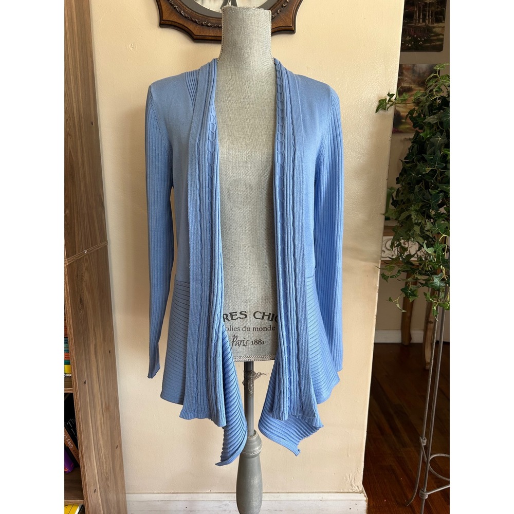 Casual Long Cardigan Sweater Women Medium Blue Ribbed Open Front Cable Knit